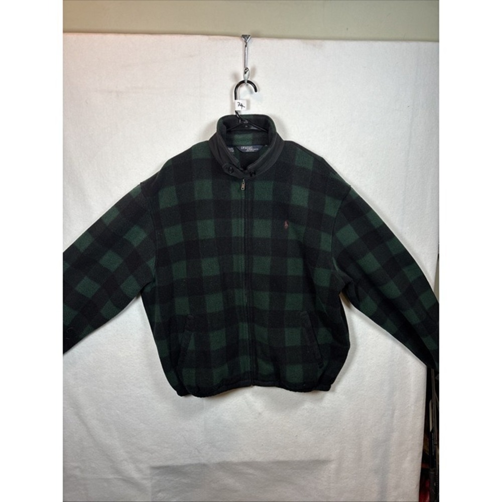 Polo Ralph Lauren Fleece Jacket Mens Large Green Black Buffalo‎ Plaid Excellent